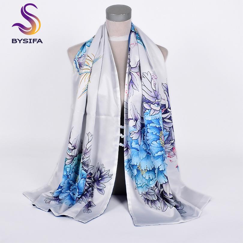 [BYSIFA] Fashion Silk Scarf Shawl Women  New Chinese Style Purple Rich Peony Scarves Spring Autumn Buttons Long Scarves