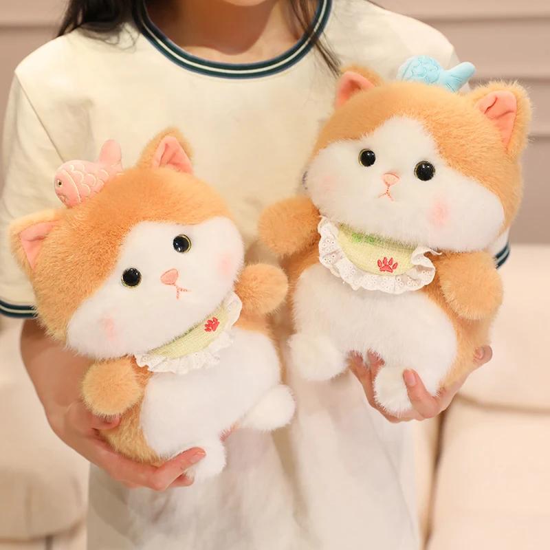 Lovely Cat With Fish Plush Toy Stuffed Fluffy Yellow Cat Kawaii Cat Soft Doll Toys For Children Birthday Gift Room Decor