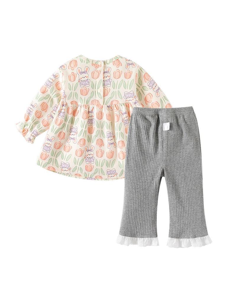 Girls' Floral Print Cotton Two-Piece Set - Long Sleeve Top & Pants for Spring/Autumn