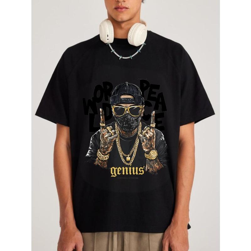 Black T Shirt Men Streetwear Graphic Print Hip Hop Rapper Design World Peace Genius Text Urban Fashion Casual Wear For Daily Outfits And Music Events