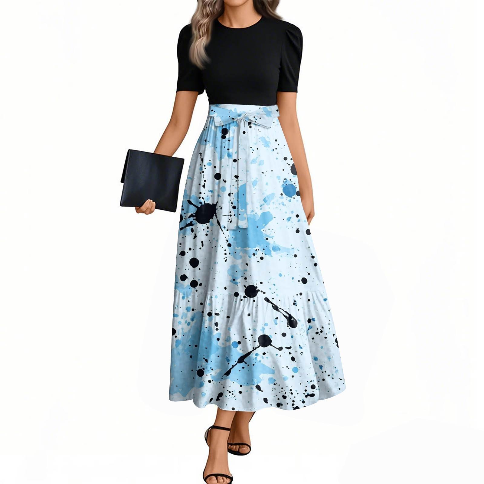 

Женские модные повседневные платья с поясом, короткими рукавами и круглым вырезом, с принтом, элегантные, темпераментные S