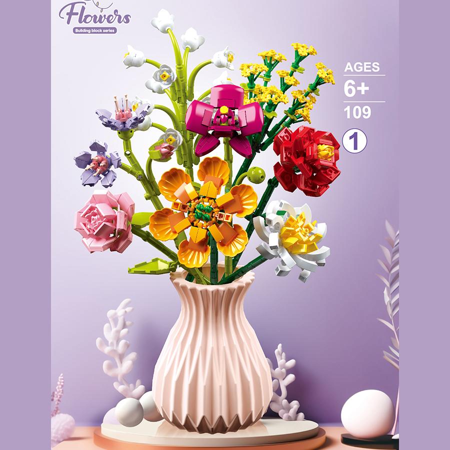 Flower Bouquet Building Blocks Eternal Flower Rose Sunflower Plant Model Bricks Set With Vase DIY Toys For Kids Children Gifts