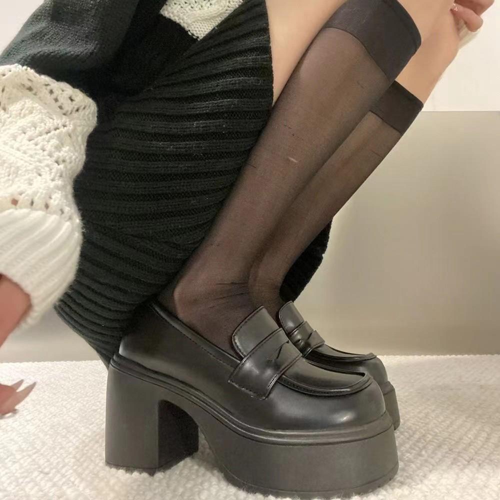 Gothic Chunky High Heels Pumps for Women 2025 Spring Patent Leather Platform Loafers Woman Black Thick Heeled Jk Lolita Shoes