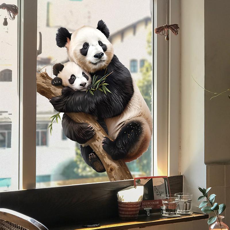 Ouder-Kind Panda Boomtak Vinyl Raamstickers Voor Huisdecoratie Gezellige Kamer Glazen Deur Muur 2-Zijdig Zichtbaar Statische Stickers