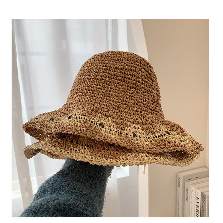 Fashionable Round Top Straw Hat For Women Sunshade Uv Protection Beach Hat