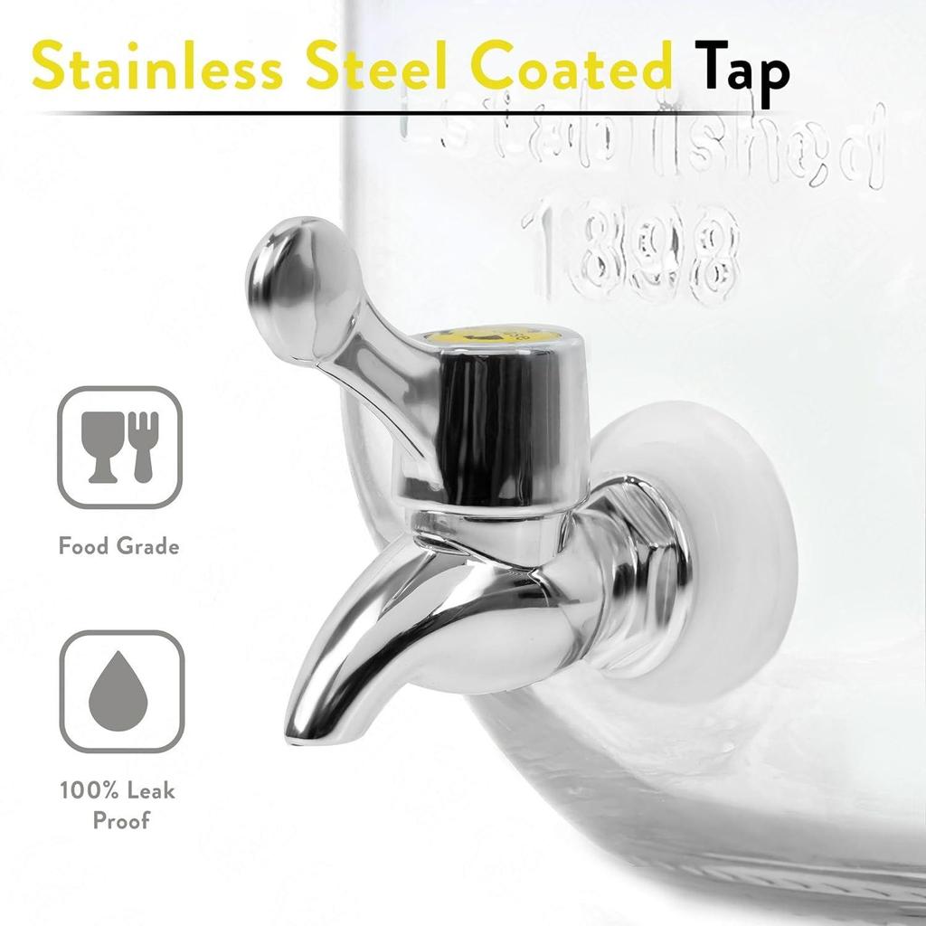 4 Litre Glass Water Dispenser with Stand - Air Tight Lid Glass Pitcher for Detox Water - Counter Table Top Juice Infused Water Beer Dispenser