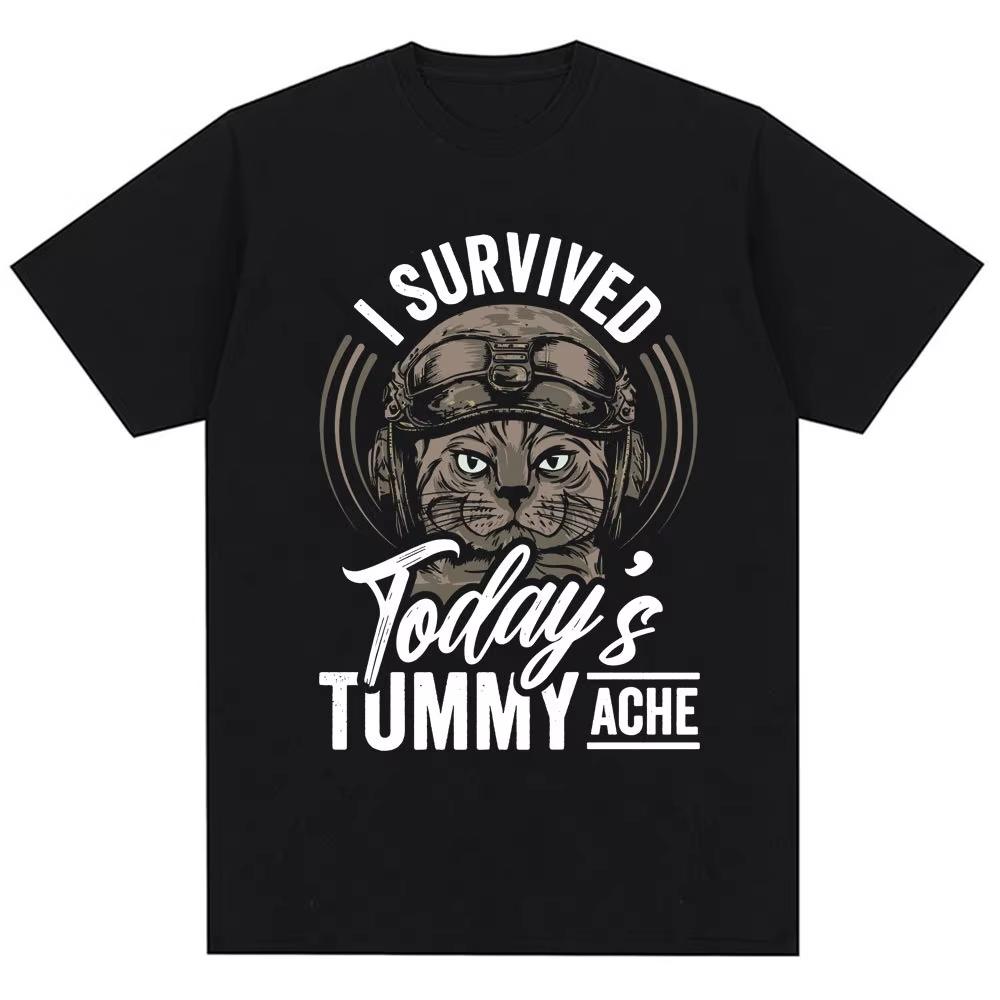 Thousand Yard Stare Cat Funny I Survived Meme Tshirt Humor Style Vintage T Shirt Men Women Oversized Casual Streetwear Daily