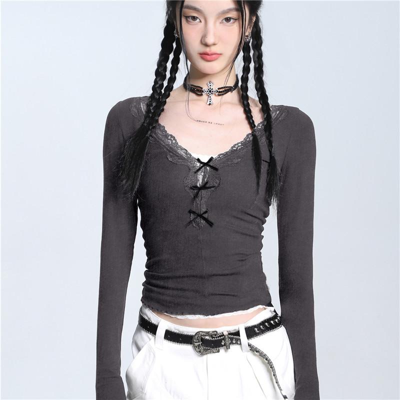 

Осенняя кружевная футболка с V-образным вырезом и длинным рукавом для женщин, модная однотонная облегающая укороченная футболка, топы для женщин, элегантные уличные простые женские футболки 25857 One Size серый