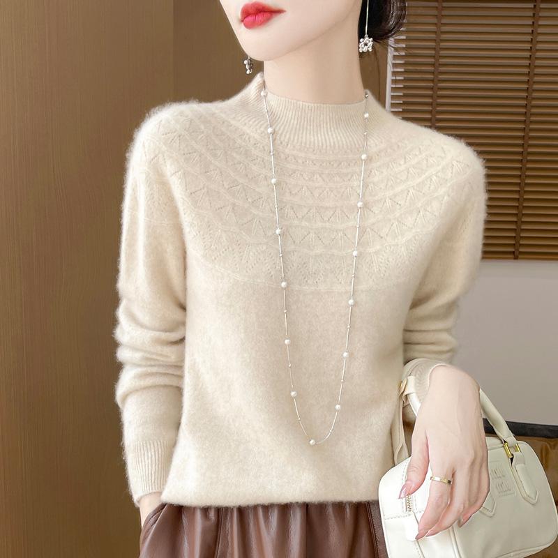 2025 Autumn/Winter Women's Half-High Collar Hollow Design Pure Wool Seamless Sweater Pullover