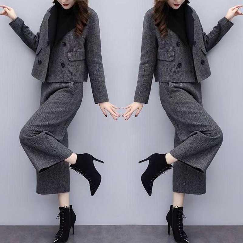 2025 Autumn/Winter Women's Herringbone Wool Coat & Wide-Leg Pants Set