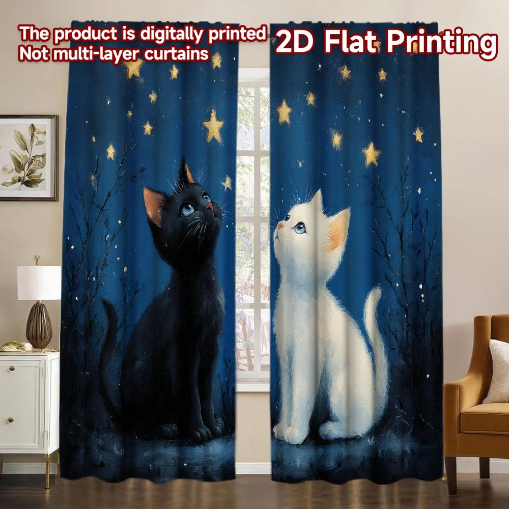 2D FLAT PRINTING 2pcs Curta (easter Decor) Night Sky Cats Fashionable Chic Curta 100% Polyester Curta Room Decor