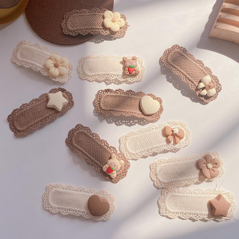 2pcs Children Hair Clips Lace Bear Bows Girls Headbands Women Hairpins Baby Cute Cartoon Hair Beige Coffee Color Bang Side Clip