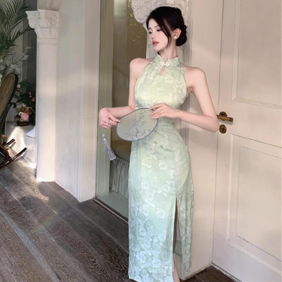 New Chinese-style cold green improved cheongsam women s summer national style sexy style beautiful neck dress S