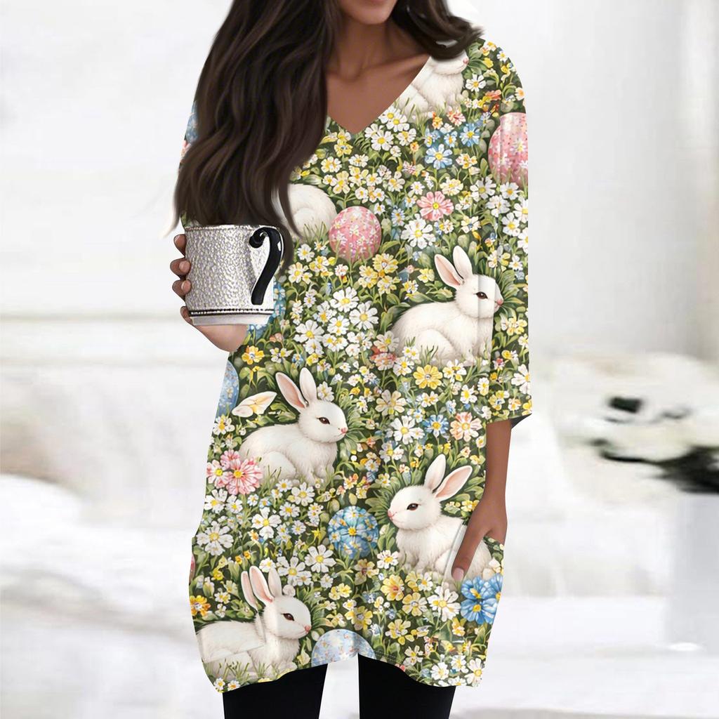 Womens Tops V-neck 3/4 Sleeve Blouses Casual Mid-length Shirts Fashion Print Tunic Tops With Pockets