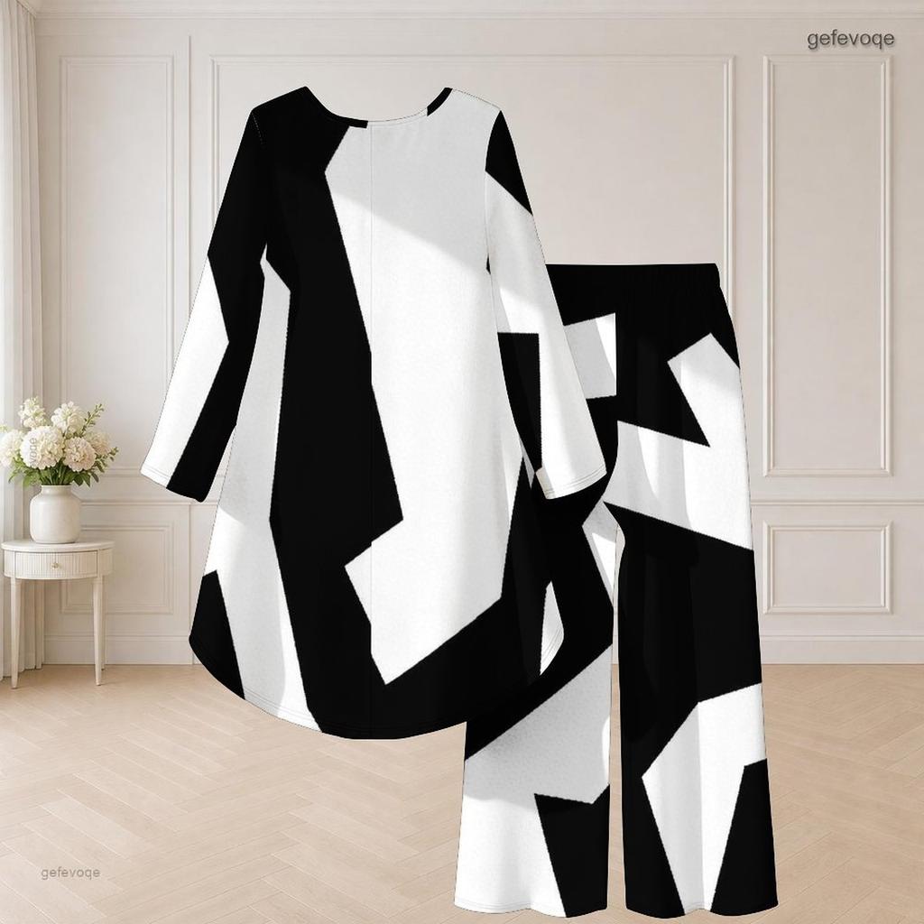 Women Plus Size Two Piece Set Round Neck Long Sleeve Black White Printed High Low Top Wide Leg Pants