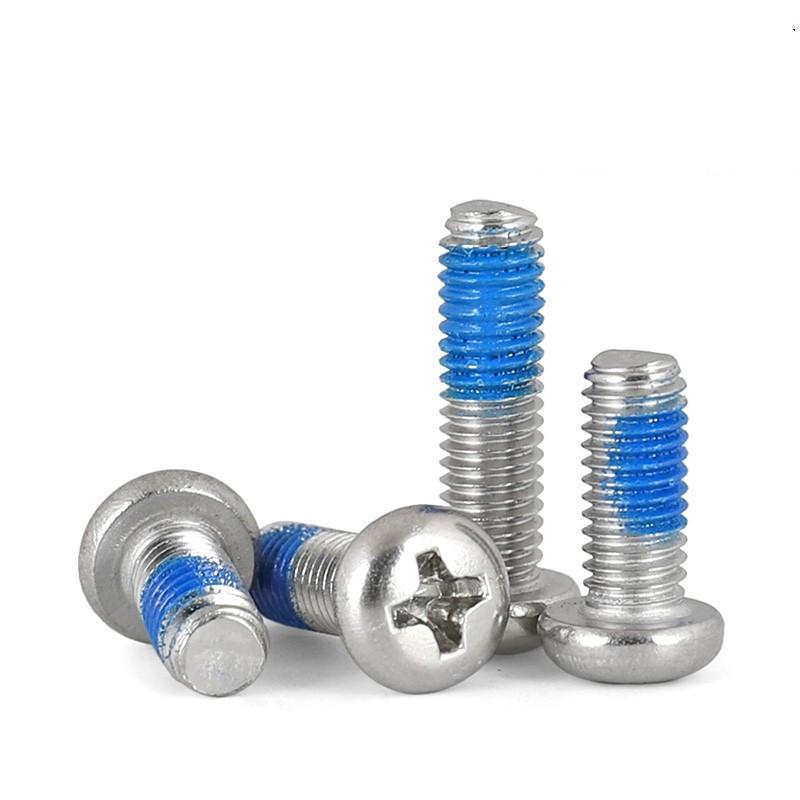 Nickel-Plated Pan Head Phillips Screw with Thread-Locking Adhesive (Sizes: M1.4-M5)