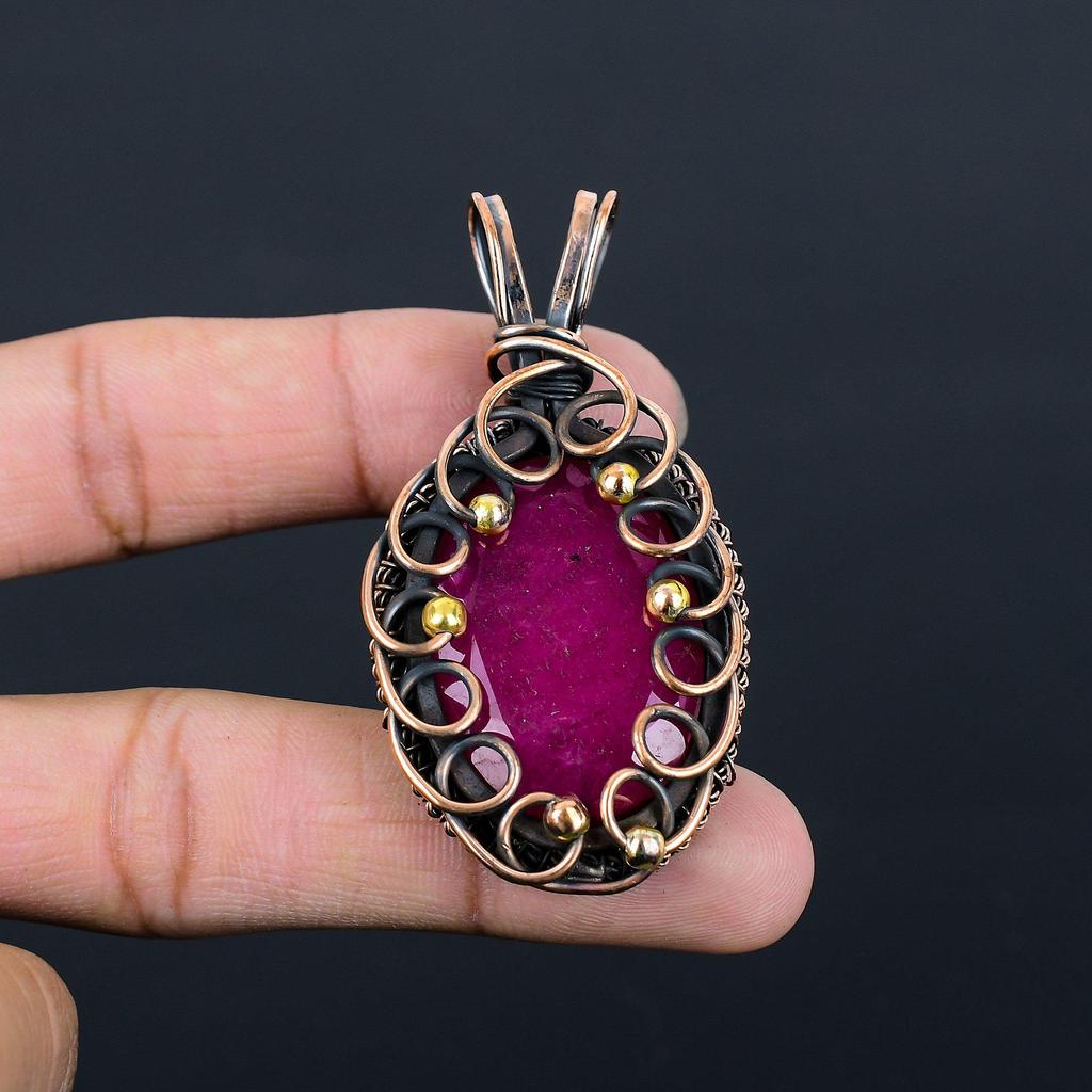 Kashmiri Red Ruby Gemstone Pure Copper Wire Wrapped Handmade Jewelry Pendant