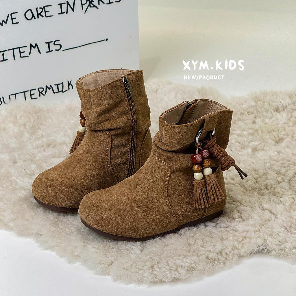 Herbst und Winter 2025 neue Kindermode Retro Fransenanhänger runde Zehe Stiefel zum Stapeln