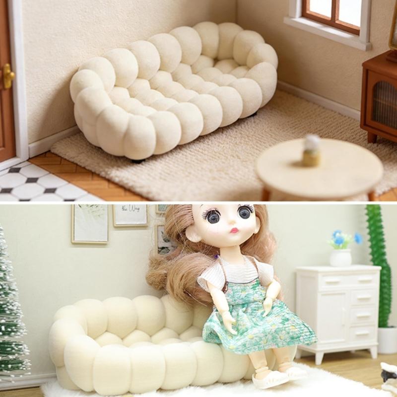 Tiny Dollhouses Accessories Plush Velvets Sofa For Miniature Scene Decoration Small Scale Furniture Bubble Couch