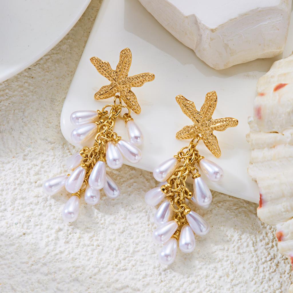 Summer Vacation Style Sea Shell Drop Earrings For Women Boho Imitation Pearl Starfish Long Tassel Dangle Earring Beach Jewelry