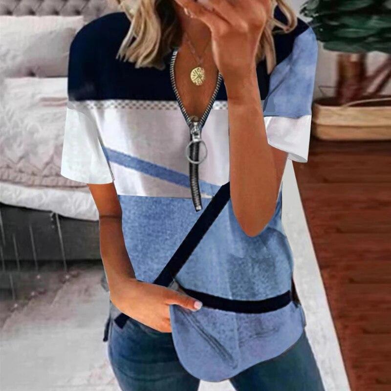 Summer Striped Printed Plus Size T Shirt Women Vintage Short Sleeve Zipper V-neck Casual T-shirt Woman Loose Office Lady Basic Tee Tops 25118