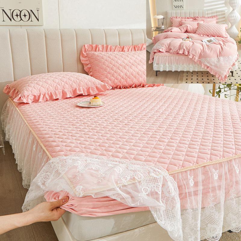 Colcha de renda estilo princesa, quatro estações, peça única, grossa, acolchoada, lavável, antiderrapante
