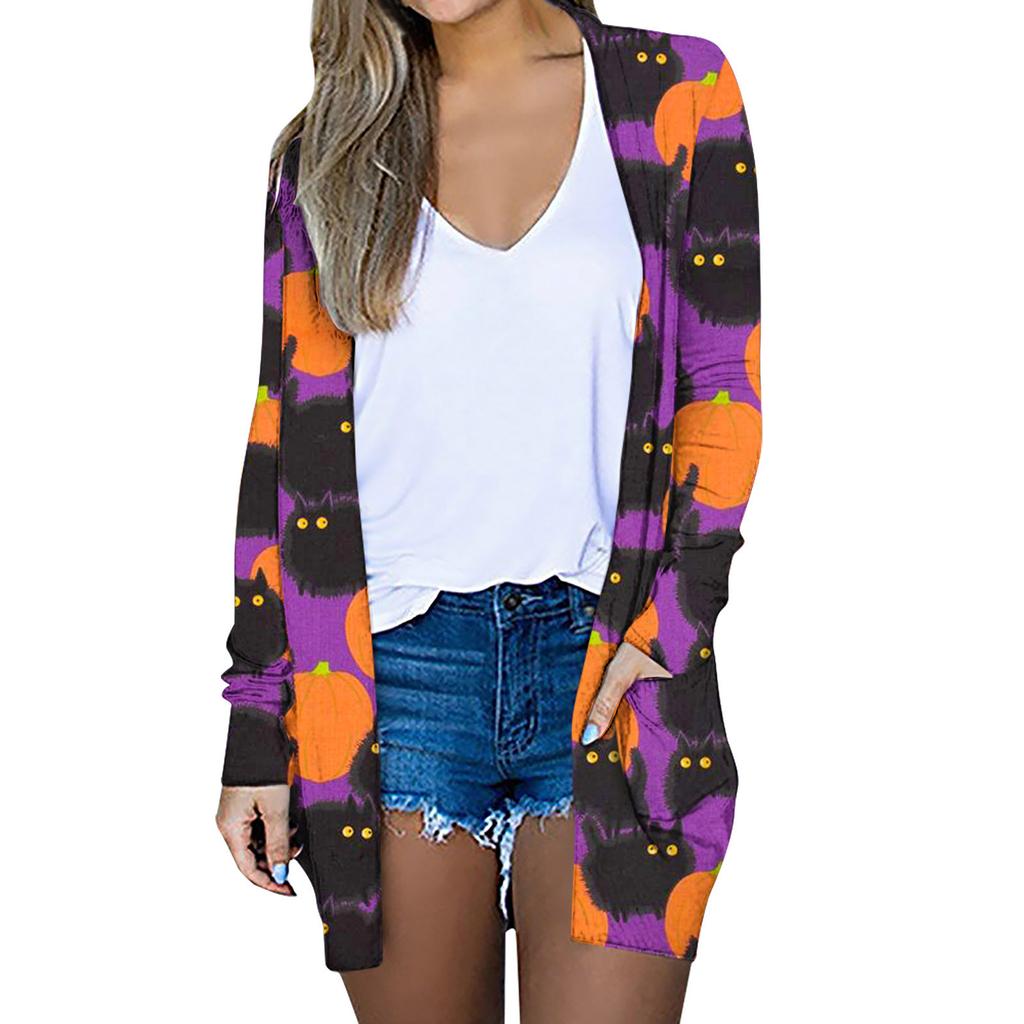 Women's Fashion Halloween Print Long Sleeve Loose Casual Cardigan Tops