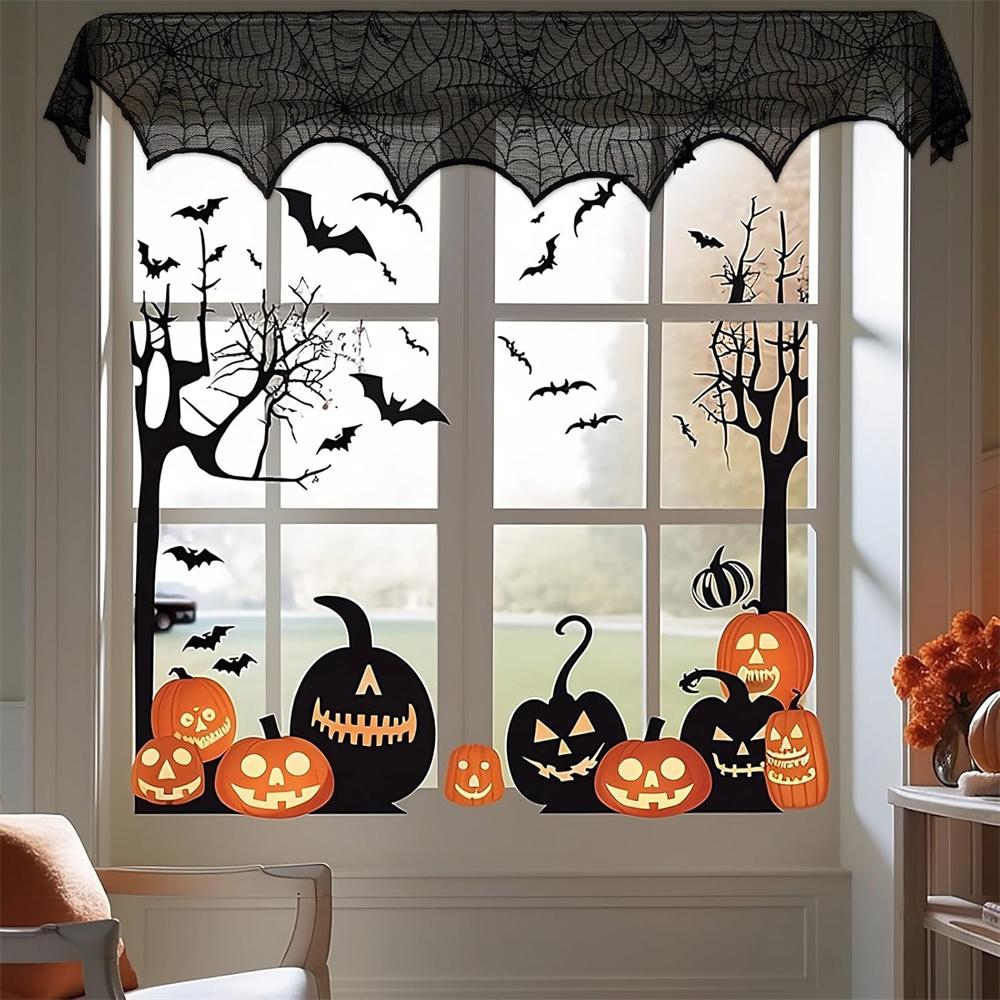 Halloween Indoor Fireplace Mantel Scarf Black Lace Spiderweb Fireplace Cover For Halloween Mantle Decor Festive Party