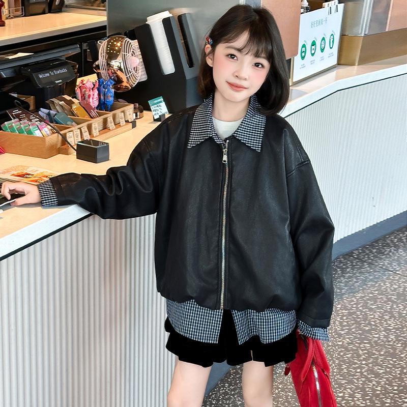 

Девичья клетчатая куртка из искусственной кожи, двухпредметная имитация - Мода весна/осень 2025 для детей среднего и старшего возраста 120 cm