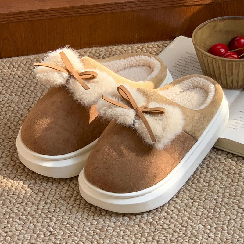 New Home Cotton Slippers Winter Indoor Velvet Warm Comfortable Soft Sole Heightening Bow Shoes Slippers