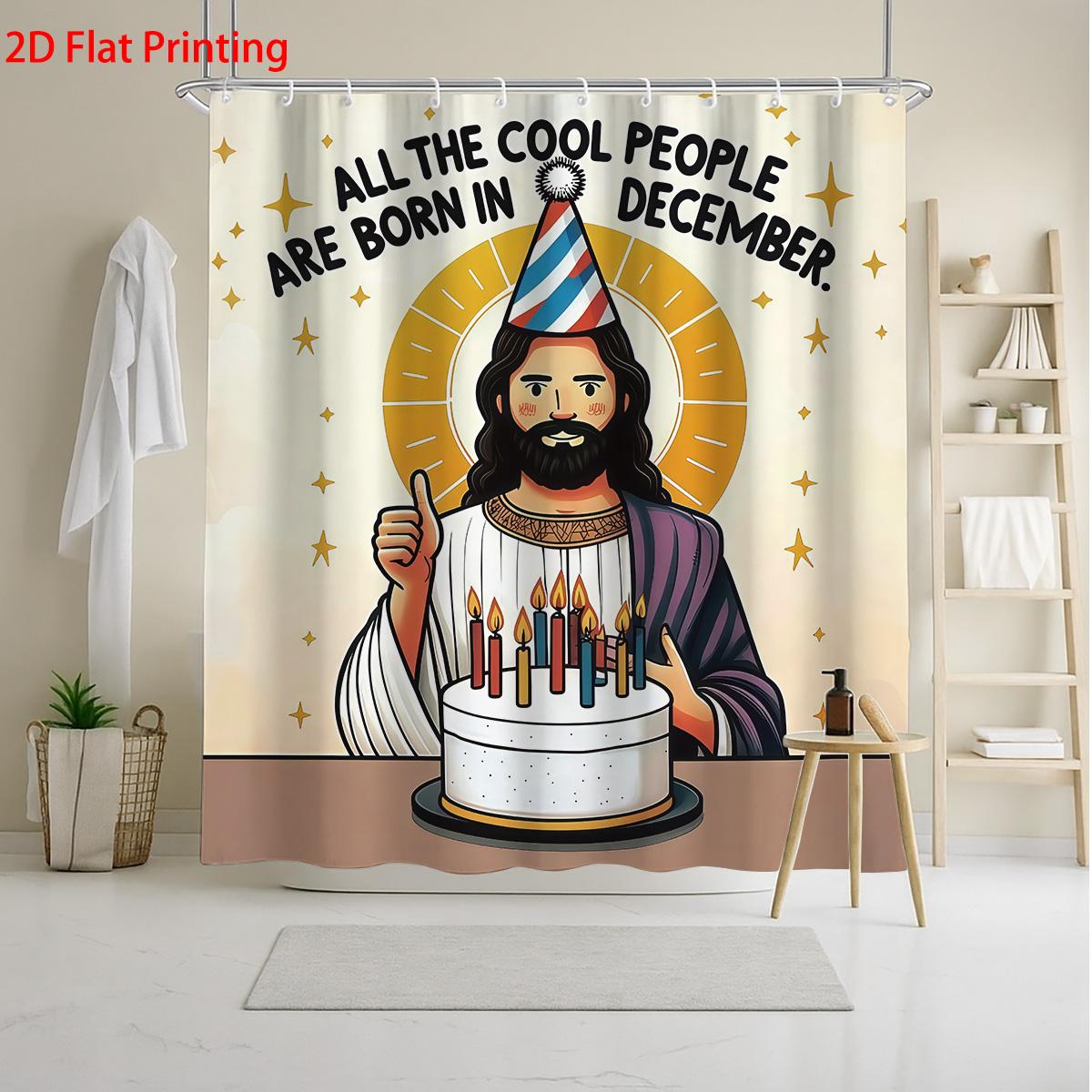 

1Pc Cartoon Jesus Print Waterproof Shower Curtain Partition Privacy Hang Curtain Multiple Size 12 Hooks Easy Installation 90x180cm