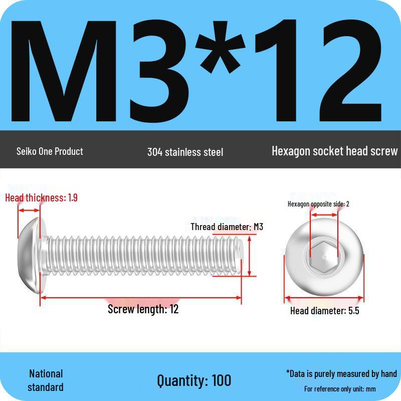 304 Stainless Steel Pan, Half, and Round Head Hexagon Screws (M2-M12)