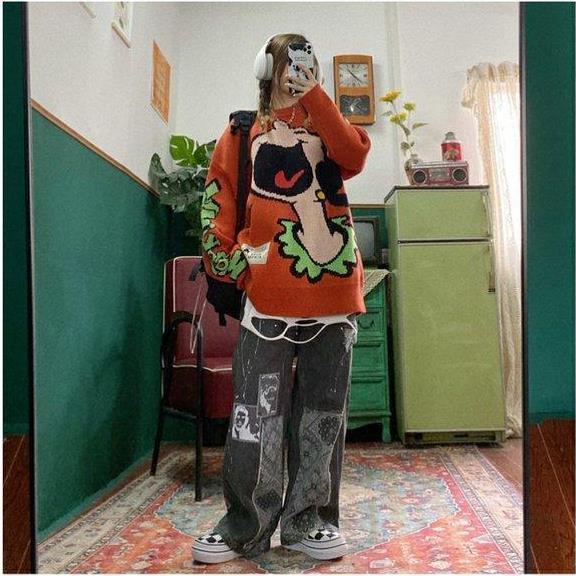 Casual Women Loose Vintage Female Pants  Women Harajuku Baggy Jeans Womens Pants Casual Funny Gothic Pants Summer Jeans Fashion