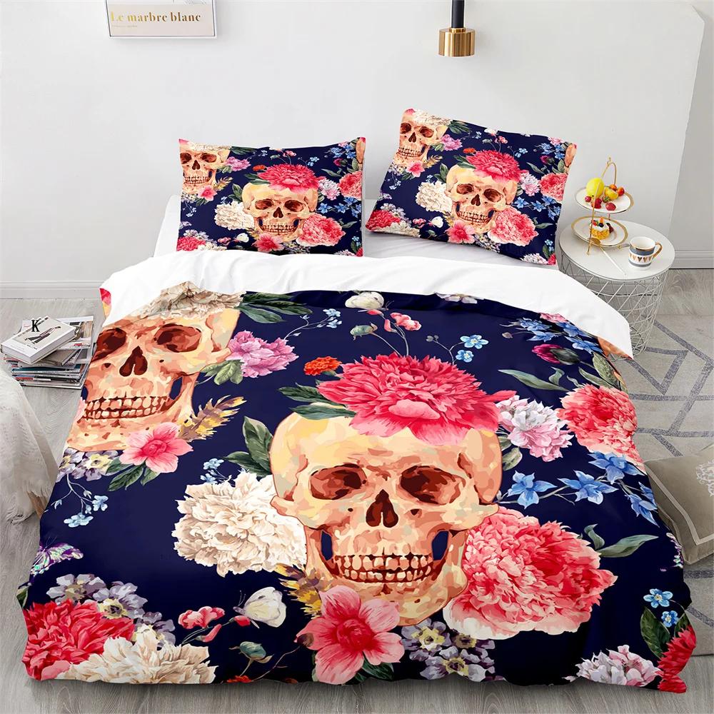 Sugar Skull King Queen Duvet Cover Gothic Skeleton Bones Floral Bedding Set Day Of The Dead Theme 2/3Pcs Polyester Quilt Cover