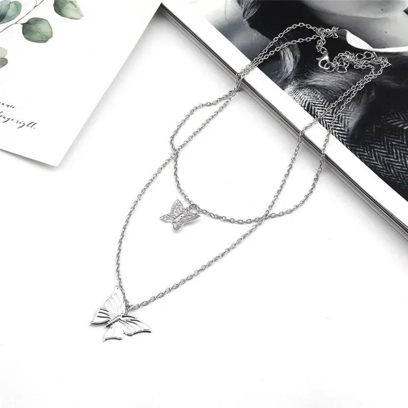 Fashion Punk Classic Double Layer Butterfly Necklace Wedding Jewelry Collar Chain Pendant Neckchain Accessories Creative Gifts