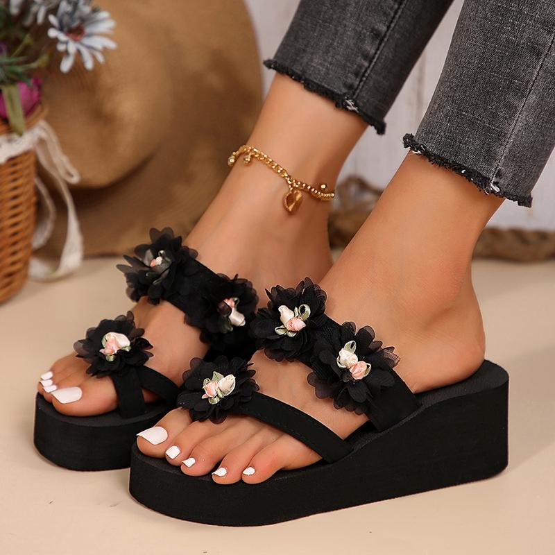 Fashion Flower Decor Women's Wedge Flip Flops Lightweight Chunky Platform Slippers Woman Summer Thick Sole Beach Slides Sandals
