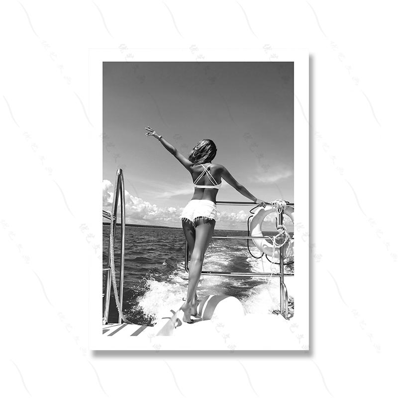 Girl Yacht Artistic Photos Black And White Poster Print Woman Sexy Seaside Nude Photography Wave Canvas Painting Room Home Decor