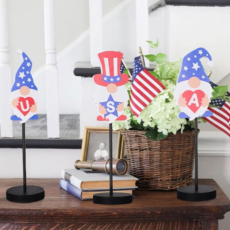 3pcs Independence Day Gnome Doll Sculpture Stylish Decoration for Celebration Facelesses Doll Statue Wood Party Ornament