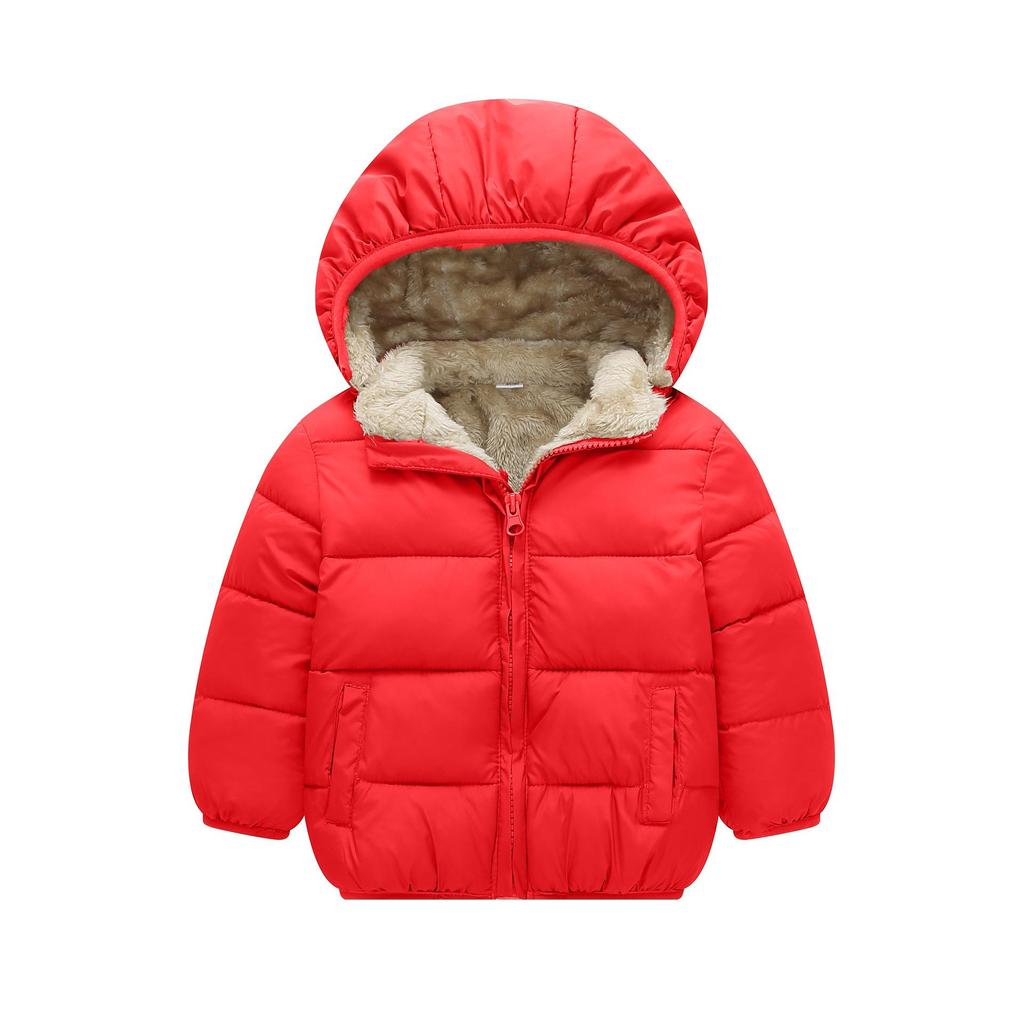 Unisex Kids' Thickened Velvet Hooded Cotton Jacket for Winter