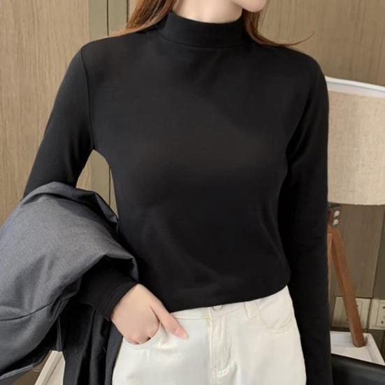 Half High Collar Long Sleeves Slim Fit Bottoming Blouse Autumn Winter Thickened Double-Sided Fleece Pure Color Thermal Top Daily Clothing