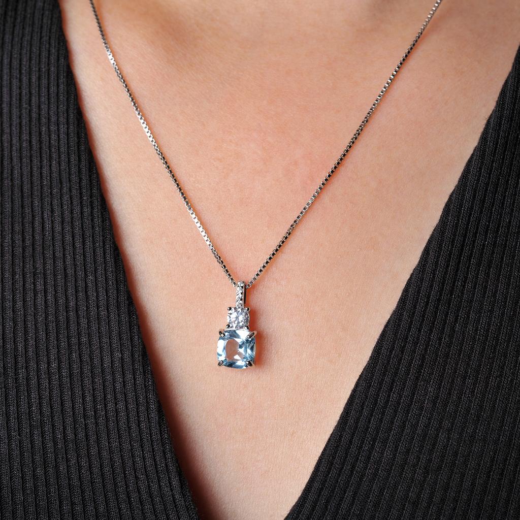 Potiy Cushion Natural Sky Blue Topaz 925 Sterling Silver Pendant Gemstone Statement Necklace Women No Chain Cute Valentines Gift