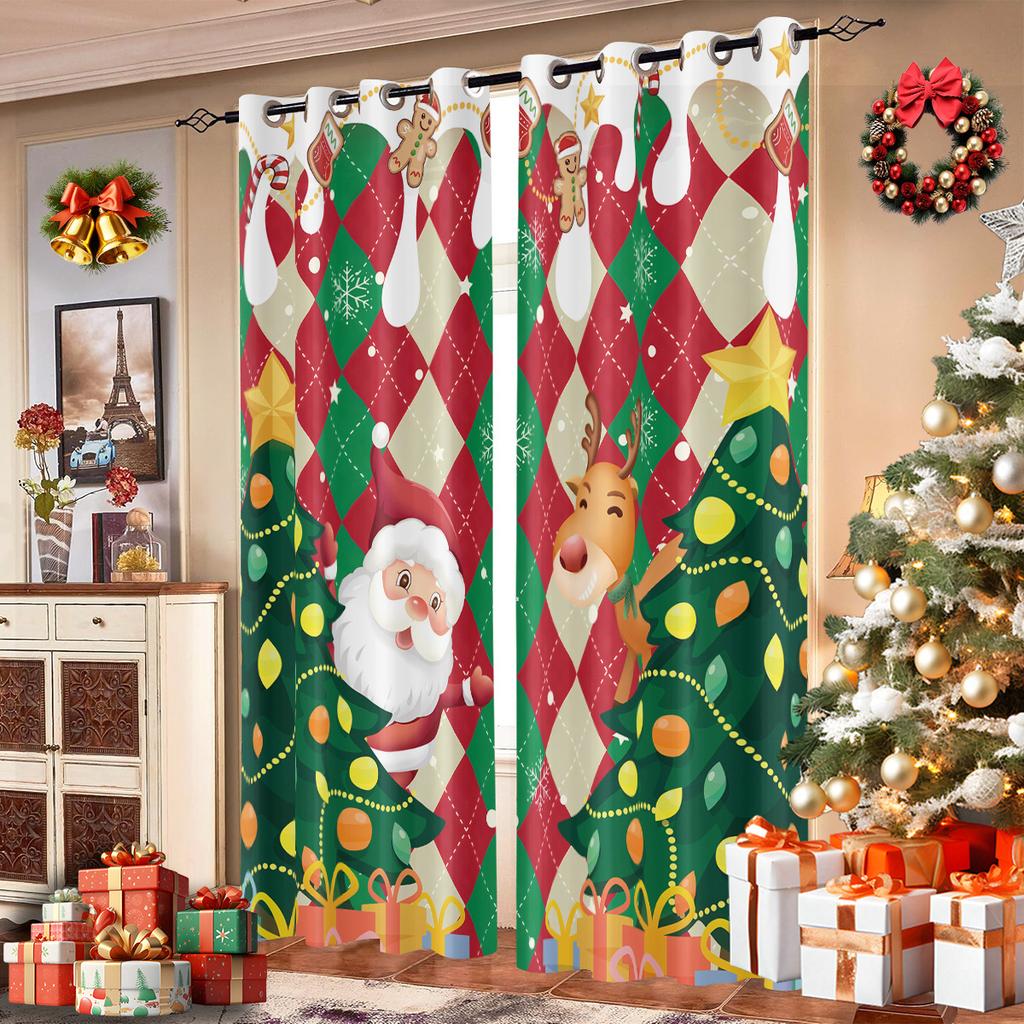 Set Of 2 Cartoon Santa Claus Reindeer Print Curtain Insulation Living Room Holiday Decoration Multiple Sizes Blackout Polyester Ideal For