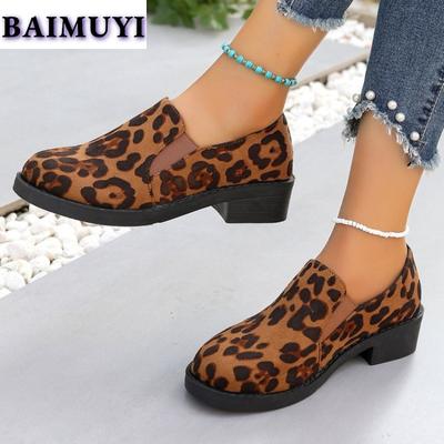 Fashion Leopard Suede Casual Shoes Women Platform Loafers Chunky Heels Winter Short Plush Warm 2025 Trend Chelsea Walking Dress Zapatos