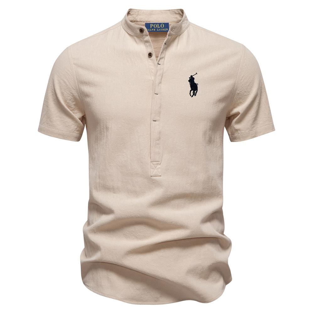 Polo Ralph Lauren Jaro/Léto Pony Vyšívaná Business Casual Košile Pánská Košile s Krátkým Rukávem Bavlněná Lněná Košile Stojáček Bavlněná Košile
