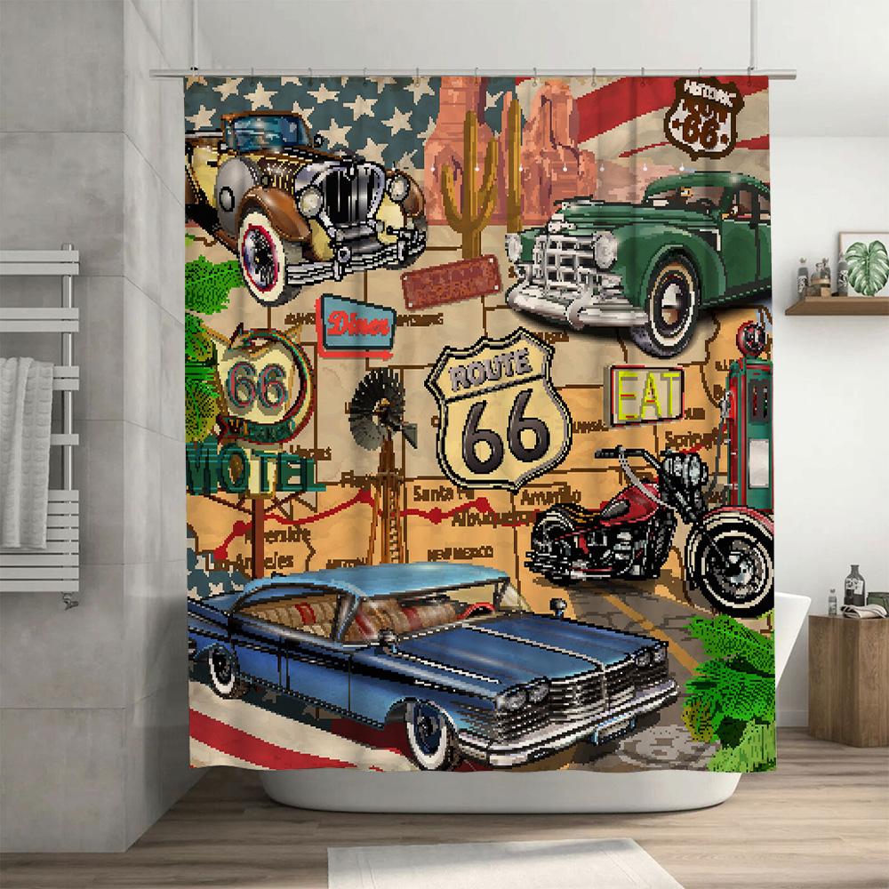Vintage Route 66-Themed Car Shower Curtain For Bathroom Decor Pixel Art Style Retro Design Featuring Classic American Automobile