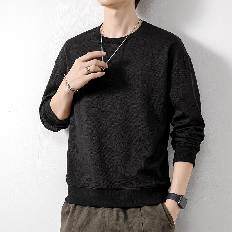 Spring and autumn heavyweight sweatshirt men's round neck trendy solid color casual long-sleeved T-shirt men's tops versatile youth loose