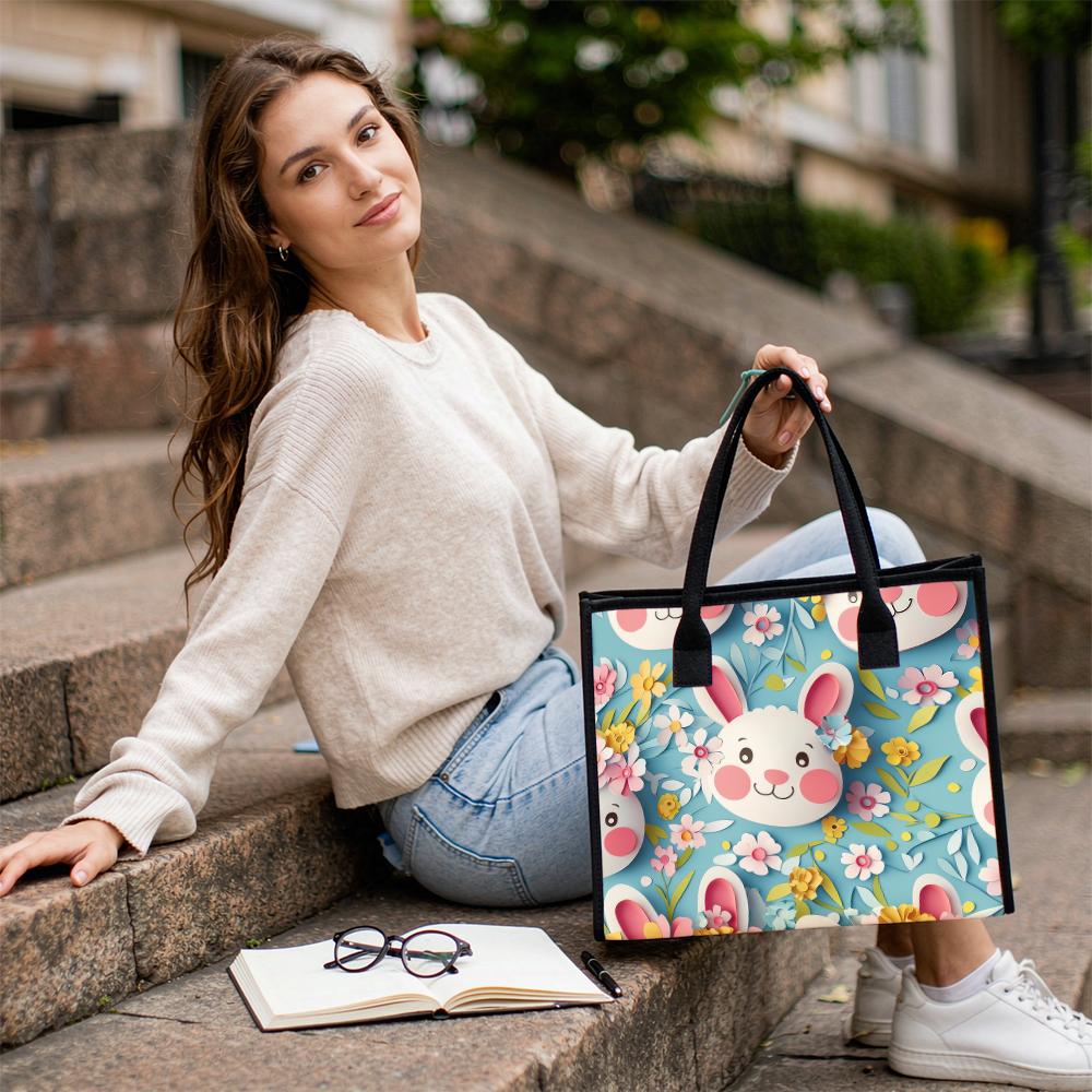 Cute Bunny Floral Tote Bag Portable Casual Handbag for Daily Use