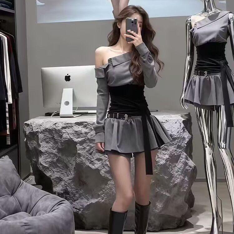 

French One-Shoulder Spicy T-shirt & Grey Waist-Cinched Skirt Set for Women L (approx. 105-115 jin)