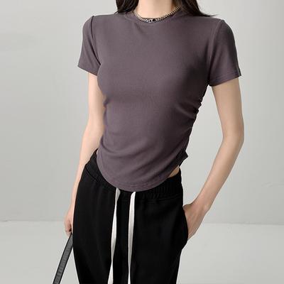 Kadın Yaz Yeni Tasarım Slim Basic Gömlek Bel Sarıcı Yuvarlak Yaka Üst