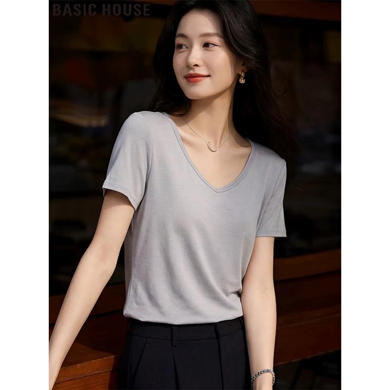 Basic House Women s V-Neck Linen Blend T-Shirt XL
